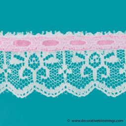 White/Pink 1 1/4 Inch Flat Lace with Ribbon